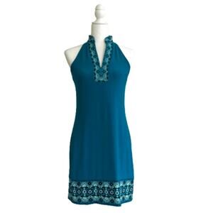 WHBM Dress Turquoise Embroidered Beaded Sleeveless Jersey Shift Dress Size XS